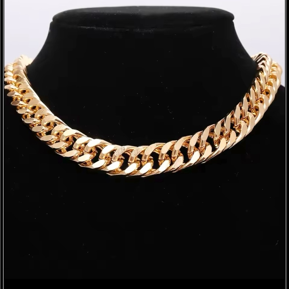NEW GOLD WIDE STATEMENT CUBAN LINK CHOKER ADJUSTABLE CHAIN NECKLACE